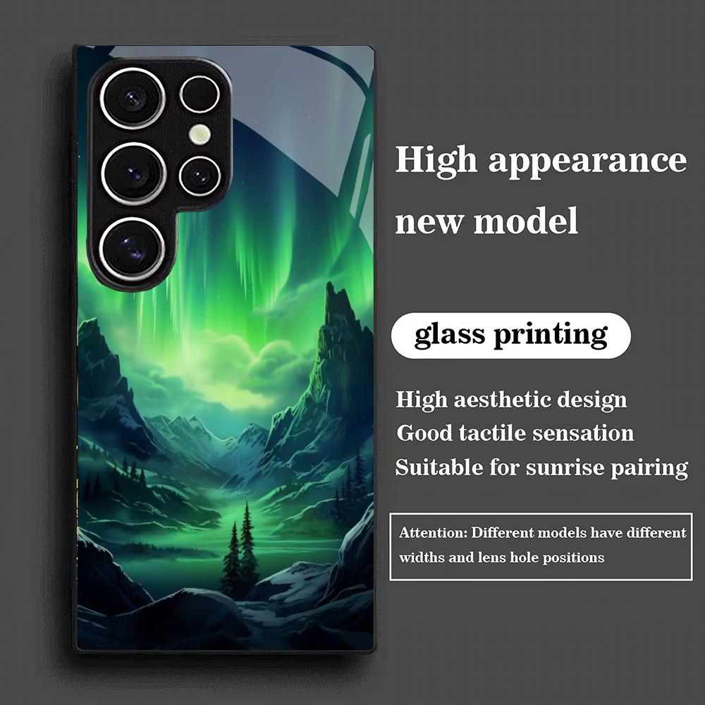 Чехол для телефона из закаленного стекла "Зеленая Аврора" подходит для Samsung Galaxy S26 S25 S24 S23 S22 S20 FE/Ultra/Plus противоударная задняя крышка