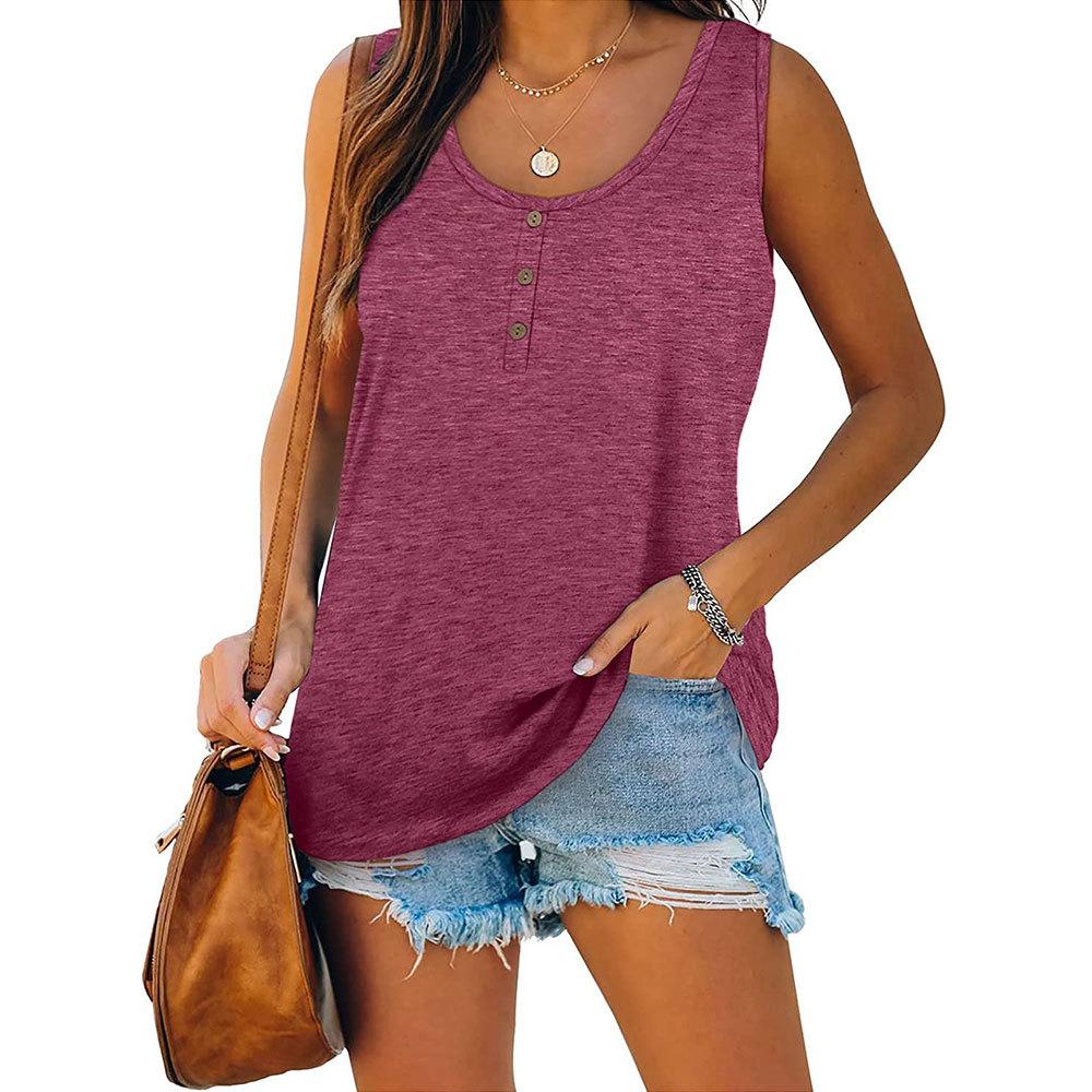 Women's Solid Color Henley Tank Top, Round Neck Button Front Sleeveless Loose Casual Summer Daily Wear T-shirt
