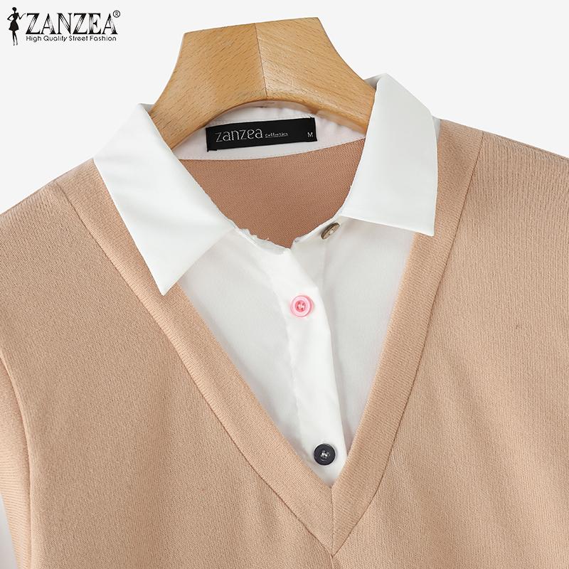 ZANZEA Женские винтажные поддельные рубашки-двойки с длинным рукавом контрастного цвета