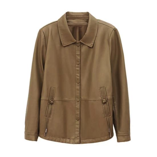 Women Jacket Faux Leather Smooth Surface Turn-down Collar Single-breasted Pockets Long Sleeves Retro Motorcycle Coat Plus Size Travel Outerwear