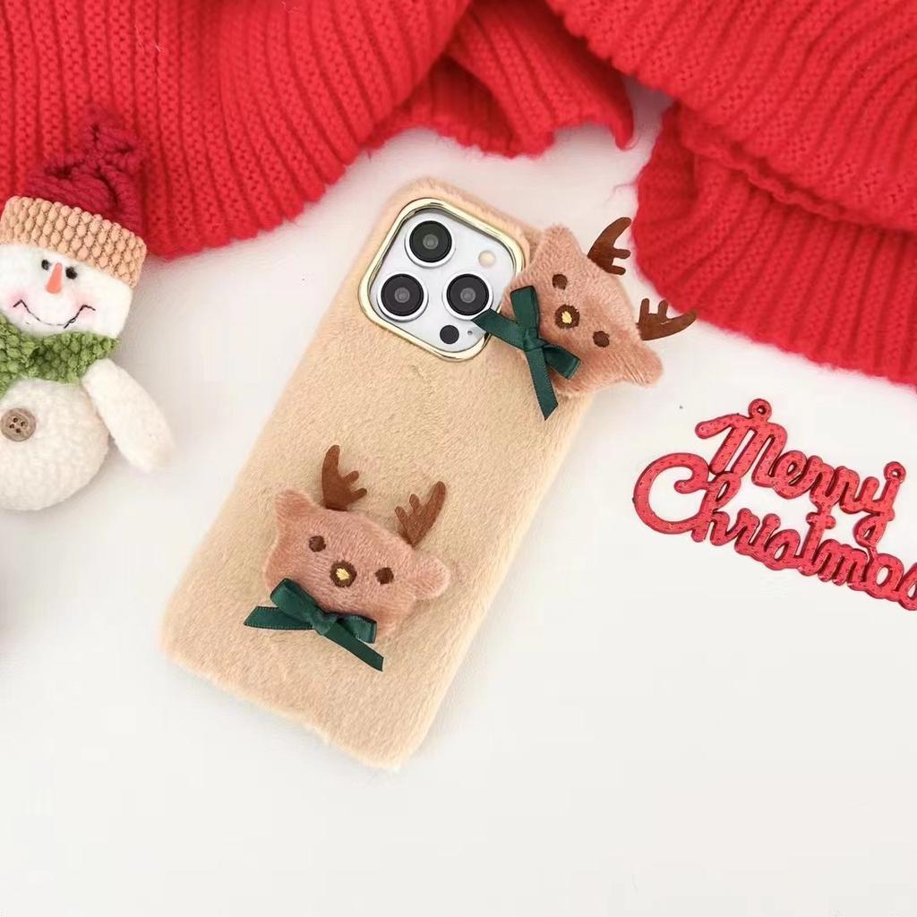 Плюшевый чехол для телефона с изображением Санта-Клауса и милого лося для iPhone 15, 14, 13, 12, 11 Pro Max X XR XS Max 7 8 Plus Se 2020 2022, рождественские пушистые силиконовые чехлы для Samsung/Redmi