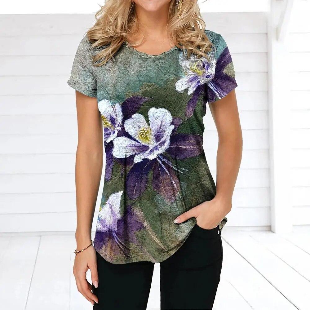 Летняя женская футболка в стиле ретро с цветочным принтом, повседневная повседневная футболка, обычный пуловер для женщин, женская одежда с коротким рукавом и круглым вырезом