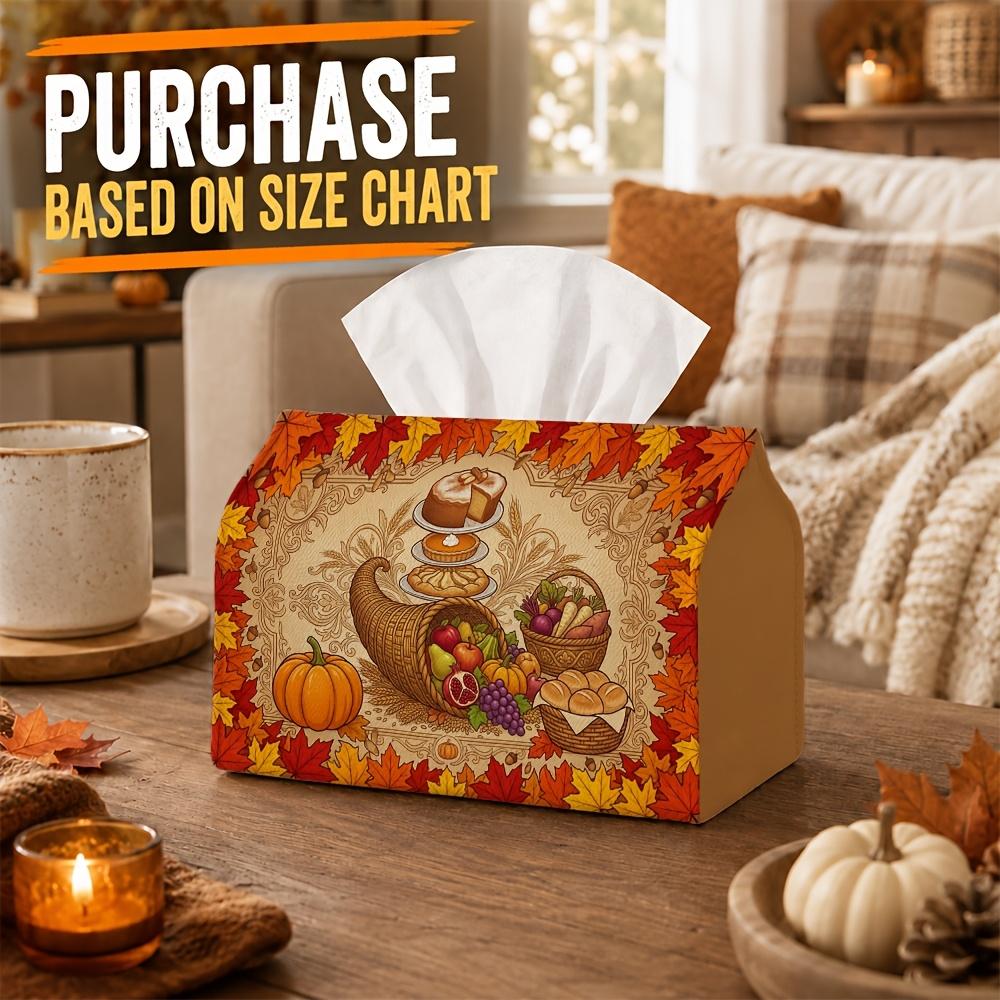 1pc Victorian Harvest Tissue Box - Harvest Napkin Dispenser, Two Sizes Available Made of Durable Polyester, Decorated with Pumpkin Pie Horn of Plenty,