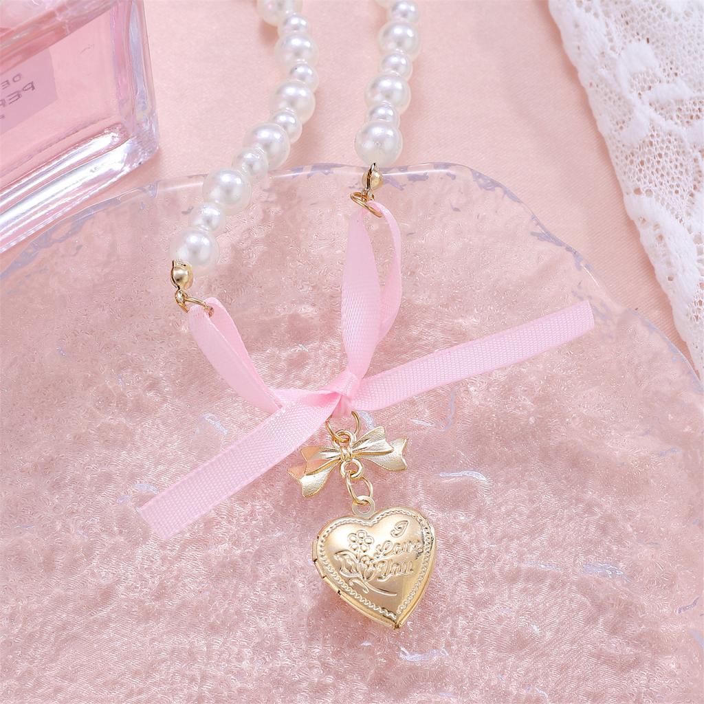 Elegant Heart Bowknot Pearl Pendant Necklace for Women Sweet Versatile Choker Charm Necklaces Fashion Jewelry Gift