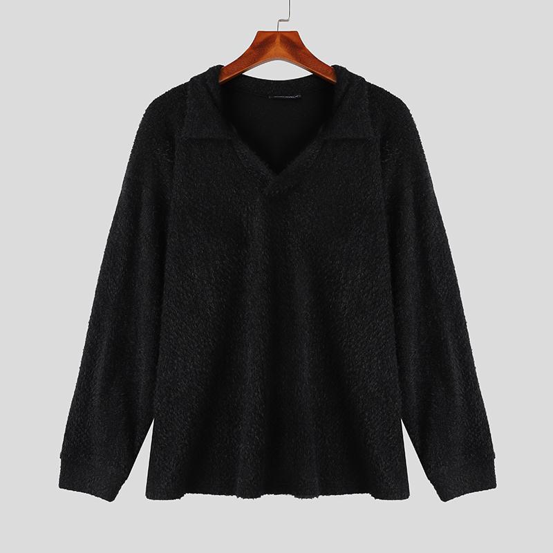 INCERUN Autumn Winter Men Lapel V Neck Long Sleeve Fleece Sweaters Warm Pullovers