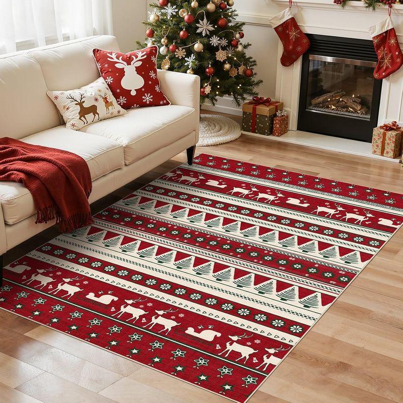 Christmas Crystal Velvet Area Rug Nordic Reindeer Sleigh Xmas Tree Print Non Slip Carpet For Living Room Bedroom Decor