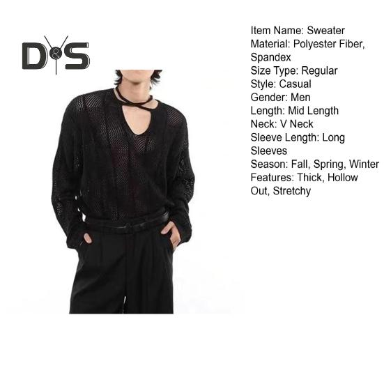 Осень-зима мужской свитер с ажурной резинкой и длинными рукавами, однотонный трикотажный пуловер с V-образным вырезом, средней длины, теплый трикотаж