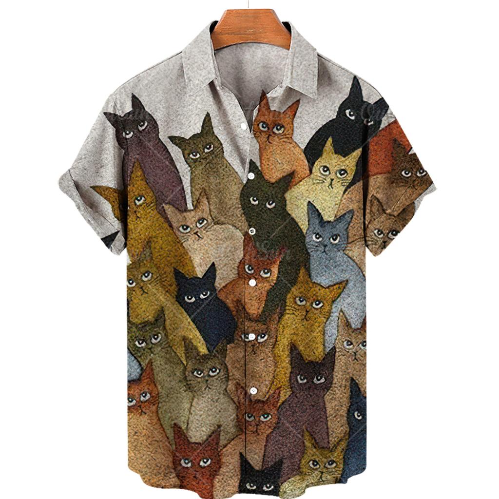 С милым принтом кота мужская рубашка забавные аниме коты мужская рубашка с воротником на пуговицах лацкан модная гавайская рубашка с коротким рукавом повседневная