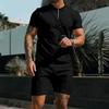 Summer Autumn Men's Polo Neck Waffle Shorts Suit Casual T Shirt Sports Short Sleeve Two-piece Set Trendy Brand