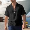 Summer Men's Loose Shirt Casual Stand Collar Buttoned Linen Short Sleeve Solid Color Large Size Top
