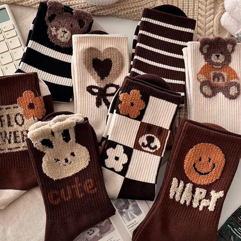 Кофейные носки женские полосатые чулки с перьями из пряжи медведя милые мультяшные носки Майяра