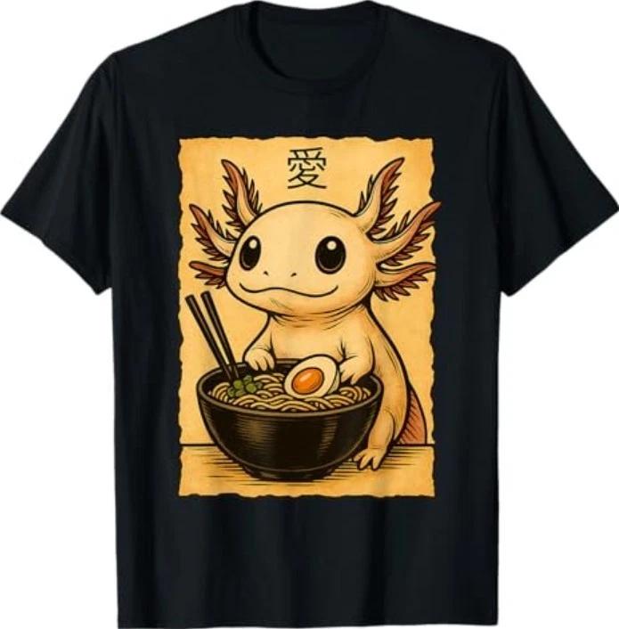 Funny Axolotl Ramen Tee Japanese Kawaii Anime Axolotl 100% Cotton T-shirt Mens Tees Top