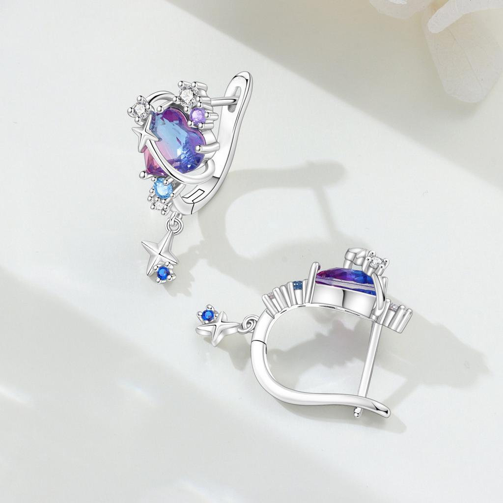925 Silver Needle Starry Sky Moon Octagram Earrings European and American Niche Premium Earrings