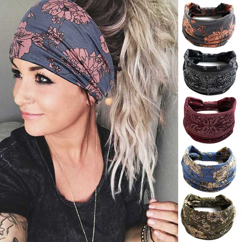 New Vintage Knot Elastic Headbands Turban Headwrap Wide For Women Girls Flower Print Cotton Soft Boho Bandana Hair Accessories