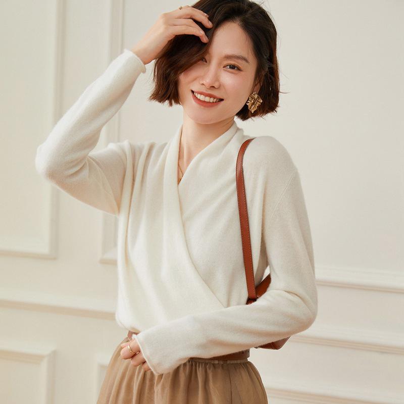 Elegant Slim-Fit Cross V-Neck Cashmere Knit Sweater - Women's Autumn Solid Color Pullover