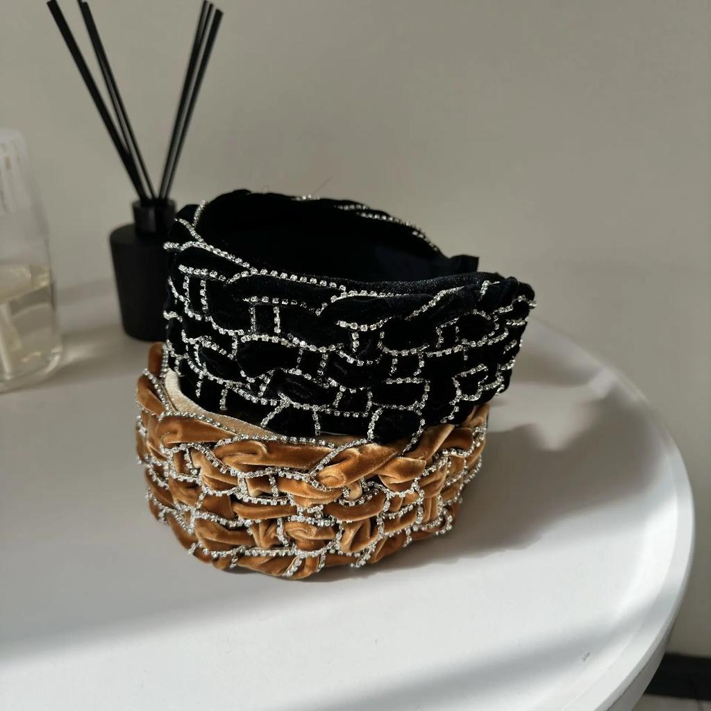 Черные хрустальные повязки на голову для женщин, девушек, бархатные, с подкладкой, ювелирные изделия, цепочка со стразами, повязка для волос, ручная работа, ретро, бриллиантовые аксессуары для волос