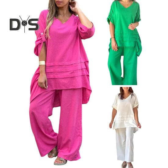 2Pcs/Set Women Casual Outfit O-neck 3/4 Sleeve Mid-length Tops Elastic Waist Wide Leg Long Pants Set Solid Color Loungewear