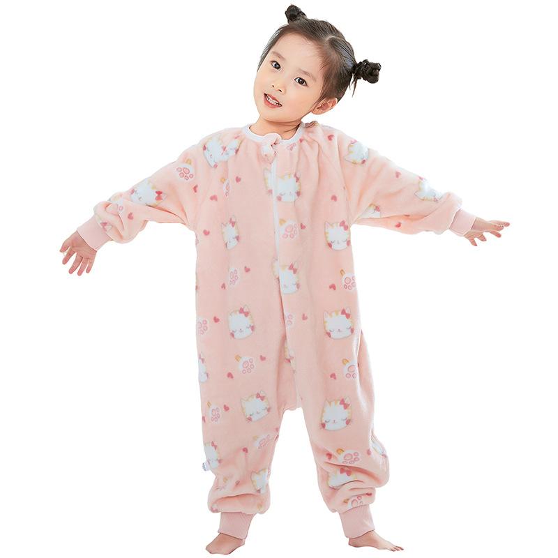 Flannel Cartoon Split Leg Sleeping Bag, Autumn and Winter Cartoon One-piece Pajamas, Children's One-piece Home Clothes