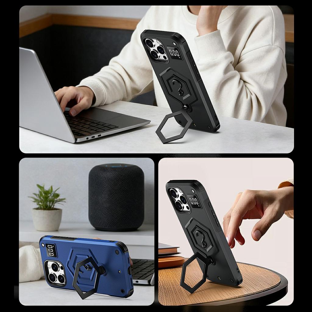 For iPhone 16 Pro Case Hexagonal Kickstand Shockproof TPU PC Matte Phone Cover with Integrated Scale Hook