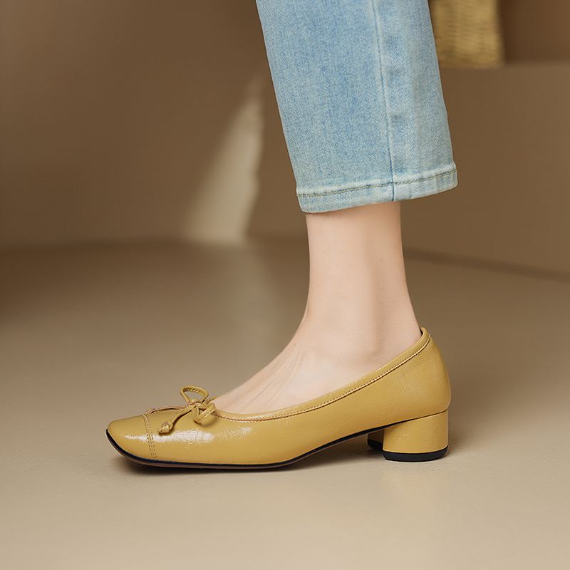 Krazing Pot Sheep Skin Summer Spring Autumn Med Heels Slip On Women Butterfly-knot European Design Square Toe Shallow Pumps