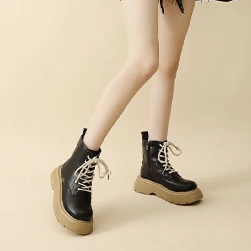 Короткие ботинки в британском стиле для женщин 2024 года, осень, новые, ретро, толстая подошва, увеличивающая рост, универсальная, для похудения, женская обувь, кроссовки