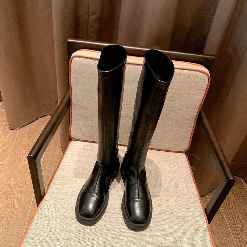 Flat Bottom Black White Elastic Boots Internet Celebrity Thin Boots Knee Boots High Boots Women's 2021 Autumn and Winter New