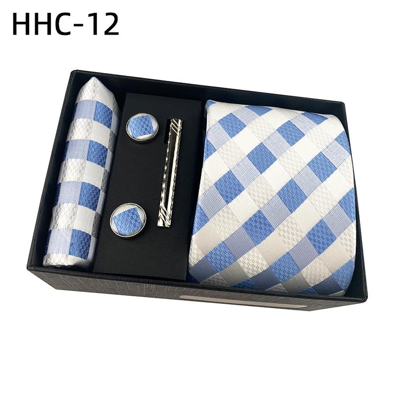 Men'S Striped Flower Plaid Tie Square Towel Cuffs Tie Clip Gift Box Set Business Casual Tie Black
