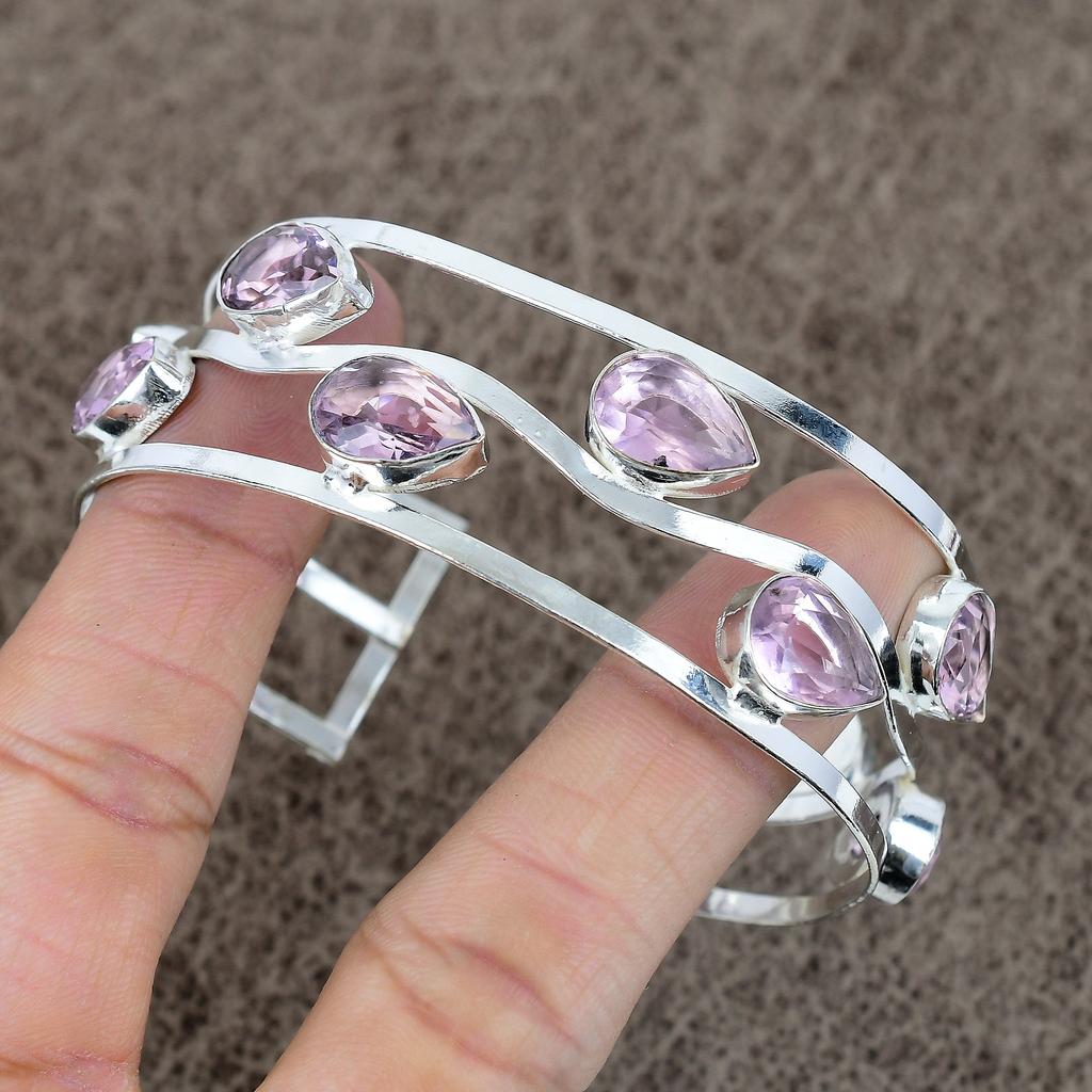 Pink Kunzite Gemstone Handmade 925 Sterling Silver Cuff Bangle Adjustable KKG-198