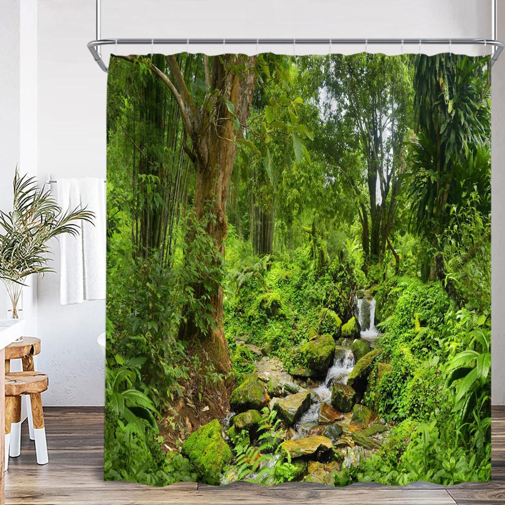 Natural Landscape Waterfall Forest Shower Curtain Scenery Green Leaves Plants Bathroom Decor Polyester Bath Curtain for Home