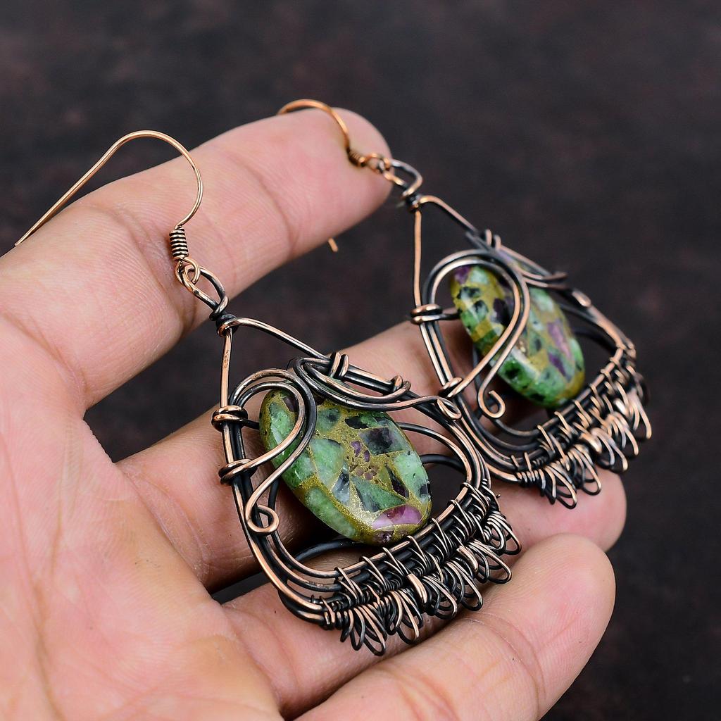 Медные рубиновые серьги с цоизитом, серьги из медной проволоки, элегантные серьги, драгоценный камень, медные ювелирные изделия, новые серьги ручной работы, подарок на годовщину