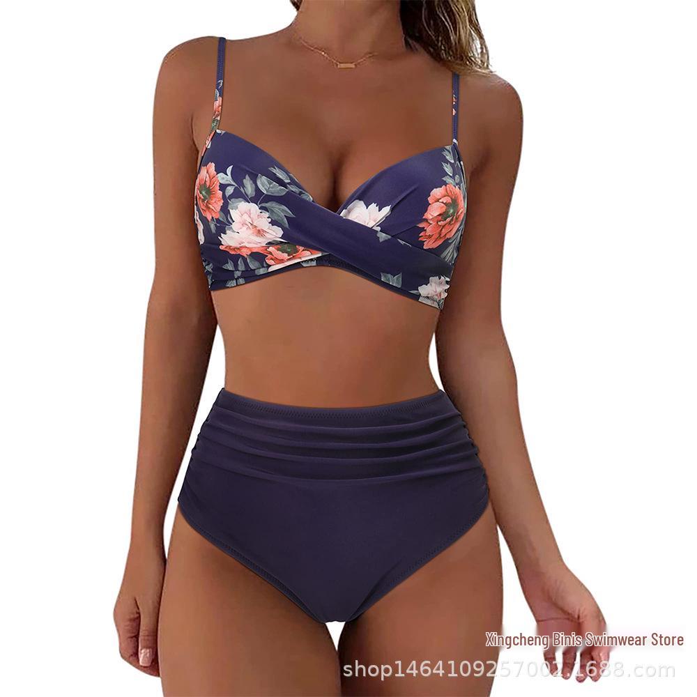 Новый сексуальный двухсекционный бикини с высокой талией и перекрестными бретелями
