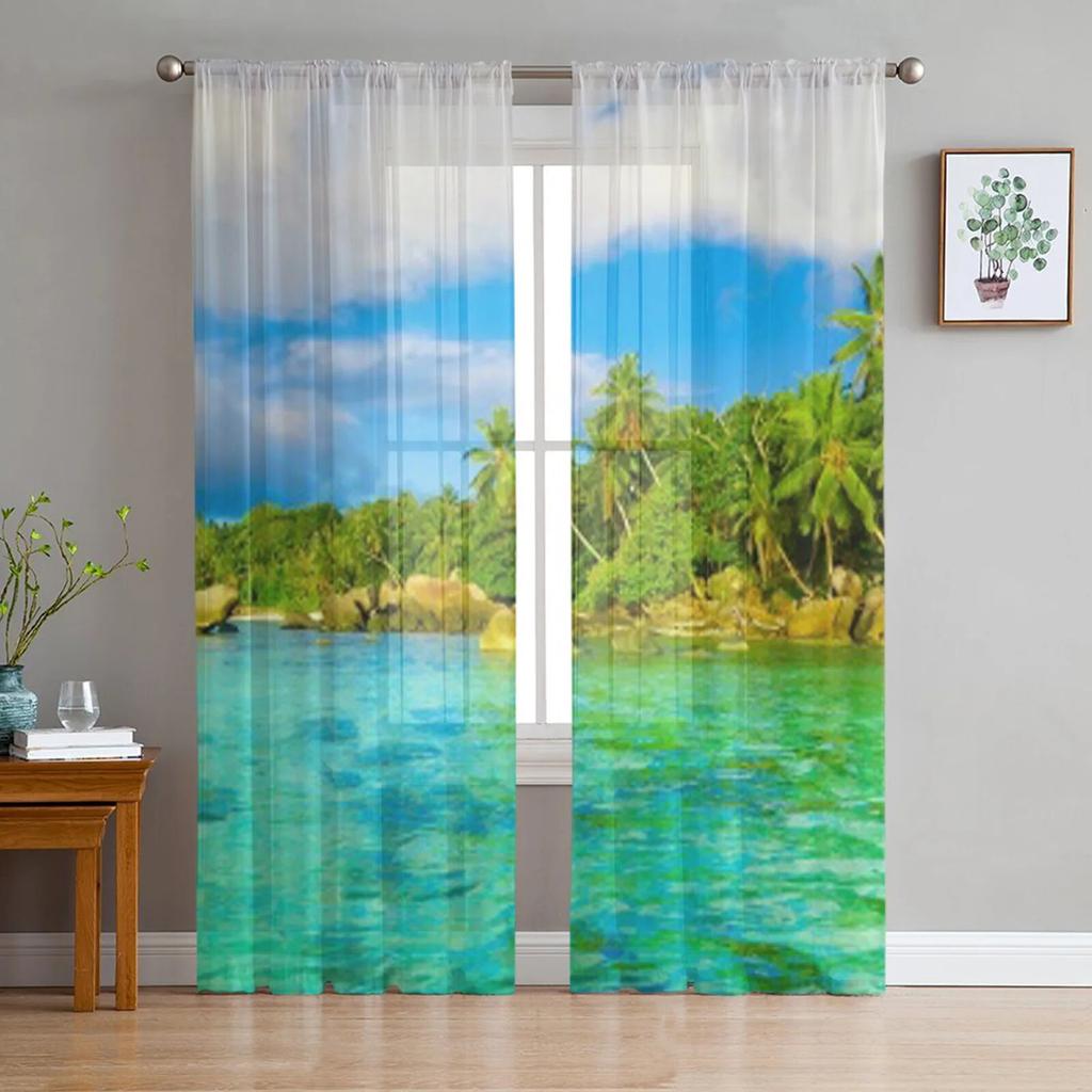 Пальмы на пляже, прозрачные шторы для гостиной, детская спальня, тюлевые шторы, кухонные шторы для окон