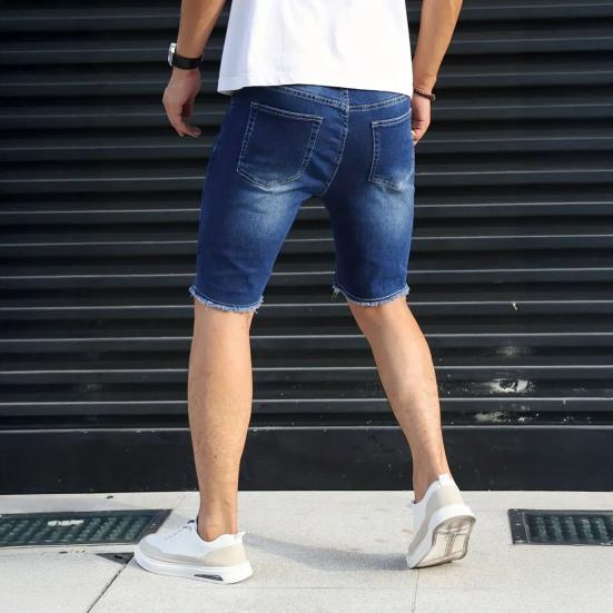Men Denim Shorts Straight Tapered Legs Ripped Holes Design Knee-Length Shorts Versatile