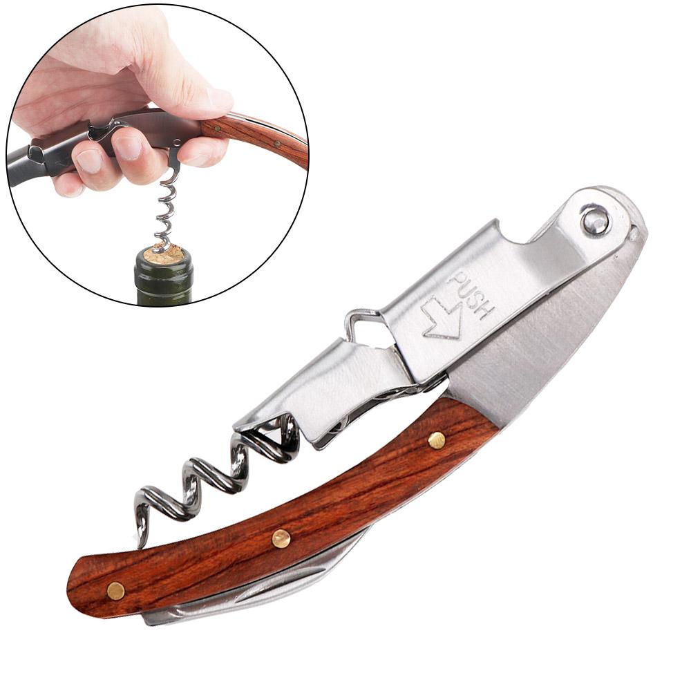 Professional Wine Opener Multifunction Wine Bottle Opener Stainless Steel Portable Screw Corkscrew with Knife Wooden Handle