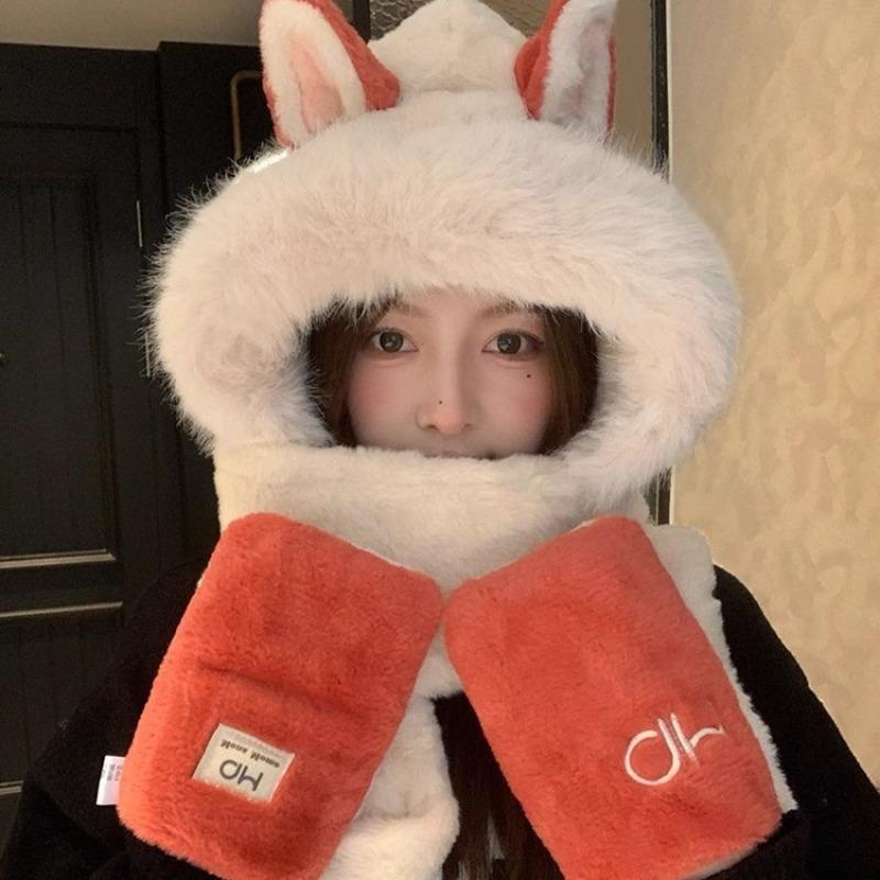 Cute Firefox Hairy Hat Scarf Gloves Integrated Women's Winter Warm Cold Ear Protection Riding