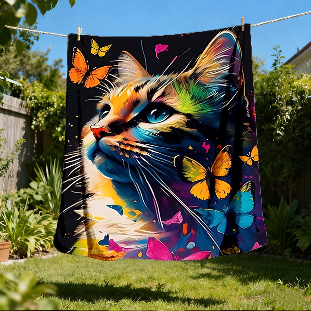 1pc Colorful Cat Art Print Outdoor Blanket, Lightweight Polyester,