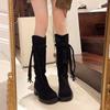 Fashion 2025 Autumn New Tassel Knight Boots Women Black Brown Thick Heeled Solid Mid-calf Boots Stacked Suede Slip On Botas Feminino