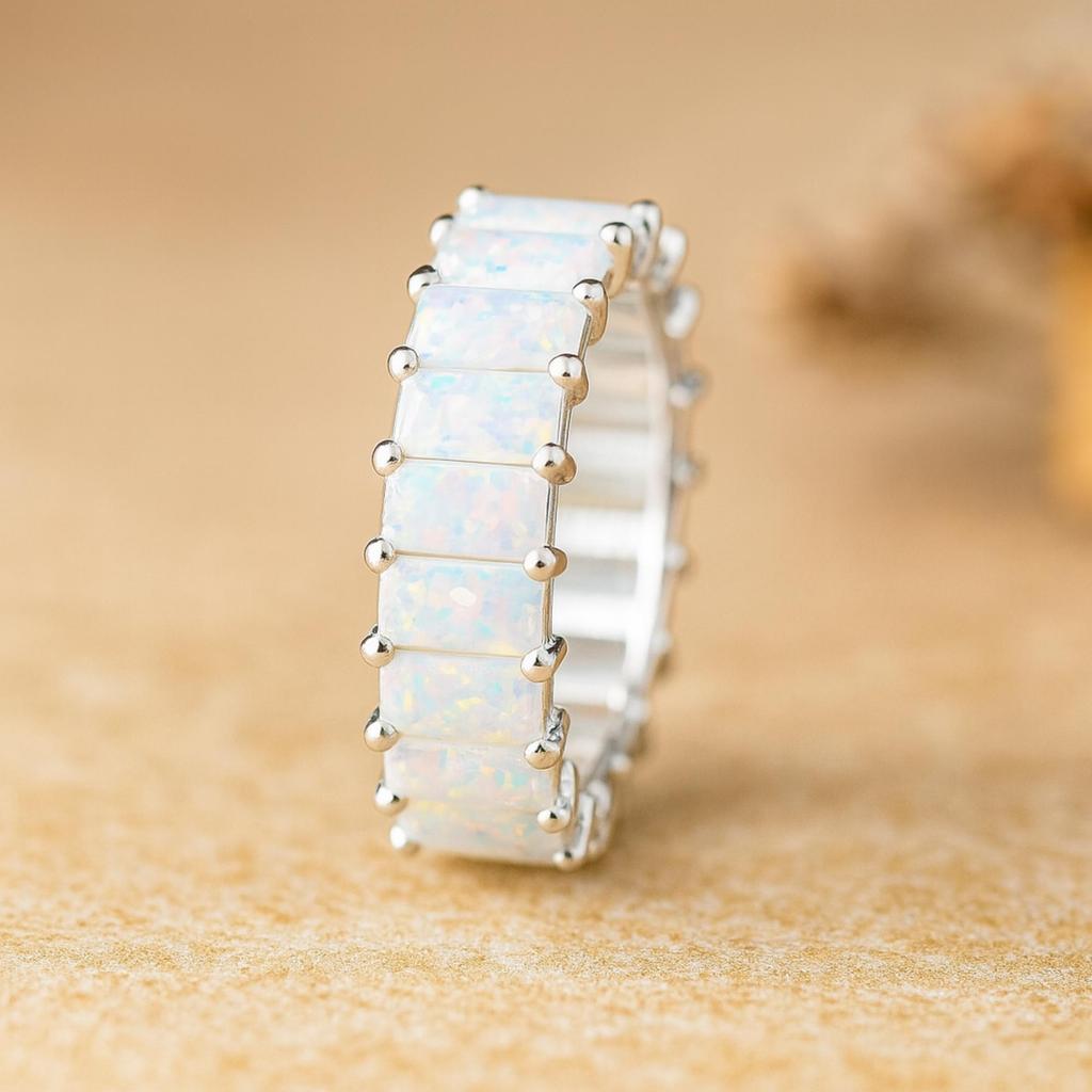 Кольцо-дорожка с багетными опалами из стерлингового серебра 925 пробы – Штабелируемое кольцо для свадьбы/юбилея, ювелирный подарок для женщин