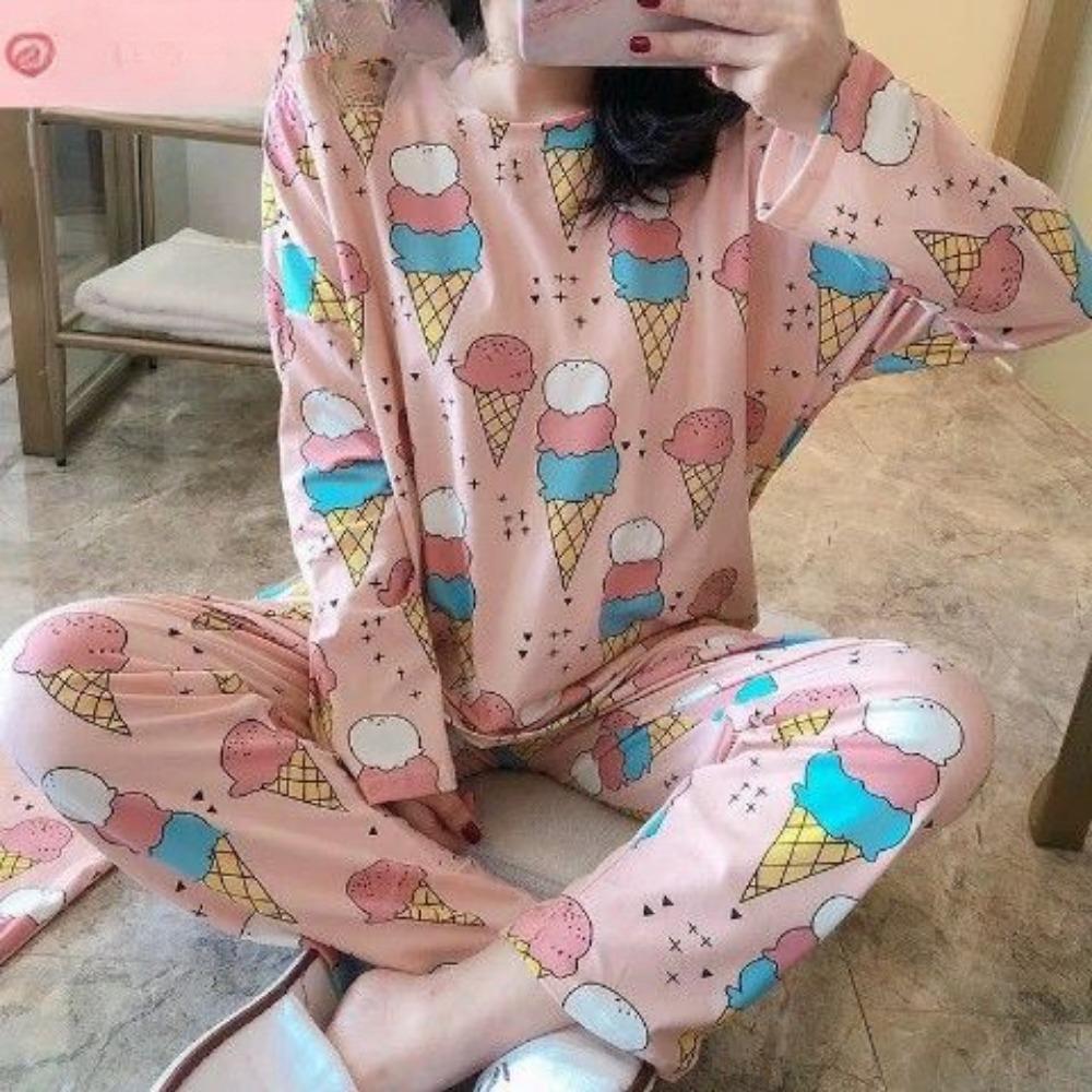 Cartoon Cute Patterned Long Sleeved Pajamas Set Female Spring Sleepwear Comfortable Cotton Round Neck Pajamas