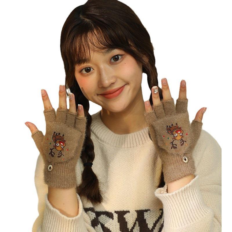 Зимние новые милые мультяшные плюшевые теплые откидные перчатки без пальцев для девочек-студенток, пишущие холодостойкие перчатки с половиной пальцев на Рождество
