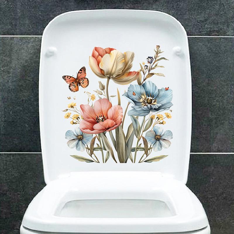 Забавные наклейки на туалет с изображением бабочек и цветов, водонепроницаемые самоклеящиеся декоративные наклейки для крышки унитаза, холодильника, украшения дома