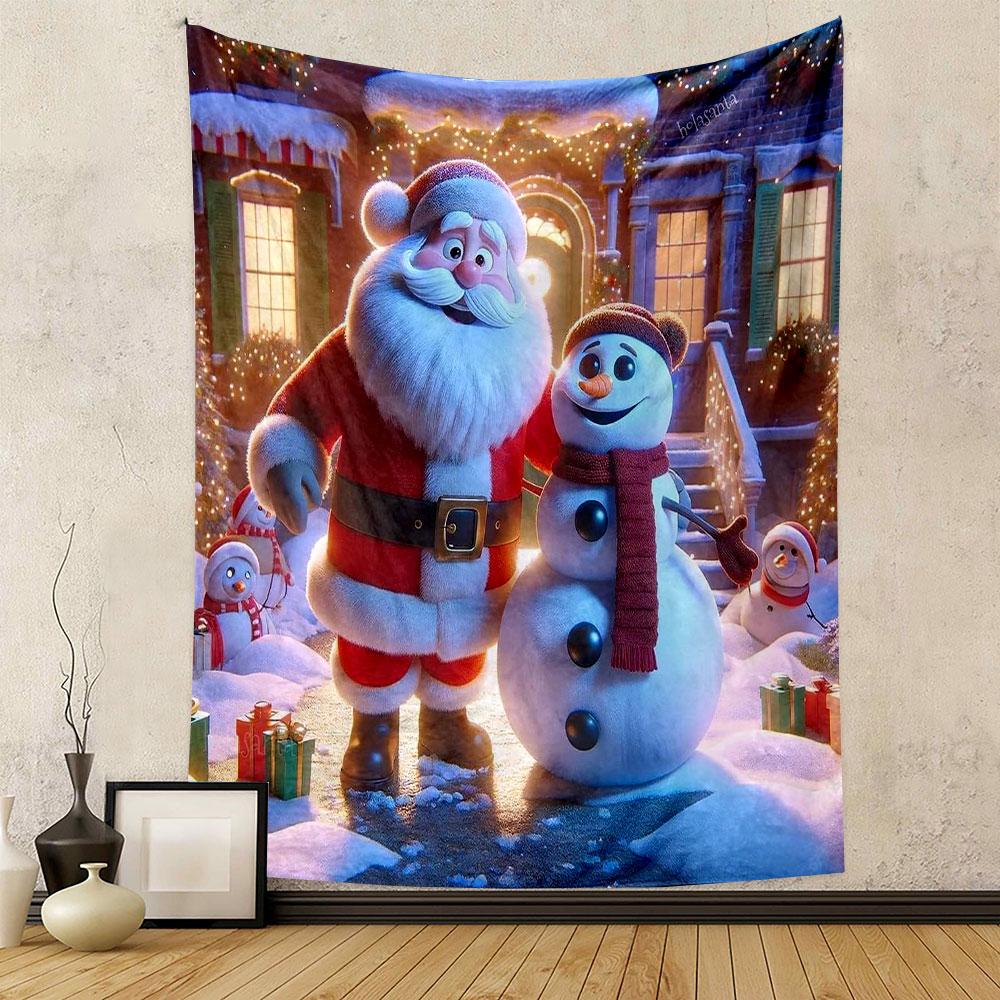 Santa and Snowman Festive Scene Patterned Tapestry Decorative Wall Hanging, Home Bedroom Living Room Decor