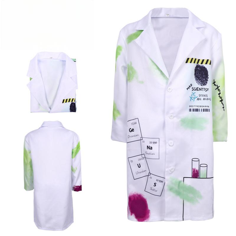 Halloween Mad Scientist Lab Coat Costume For Adults Unisex Chemical Element Formula Print White Lab Robe Science Teacher Profess