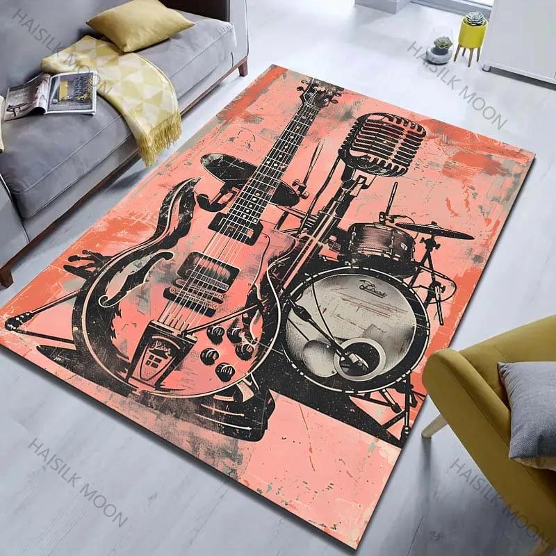 Guitar Microphone Drum Kit Print Carpet Rugs for Bedroom Living Room Sofa, Study Yoga Non-Slip Rug, Multi-Size Next Day Shipping