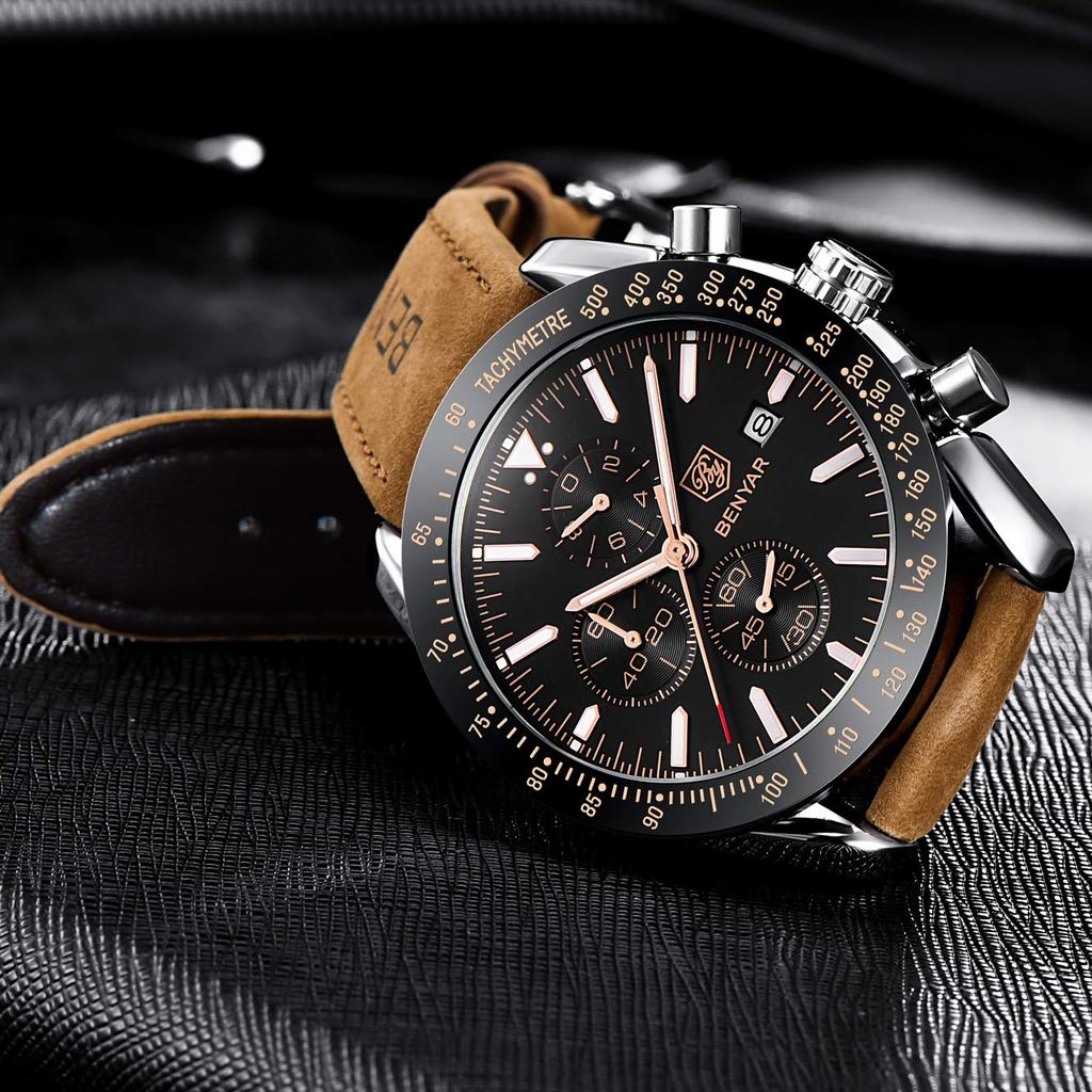 Часы BENYAR AKNIGHT, стильные часы, светящийся хронограф, фиксированный безель, аналоговый календарь, наручные часы, водонепроницаемые, японские кварцевые часы, стальной браслет