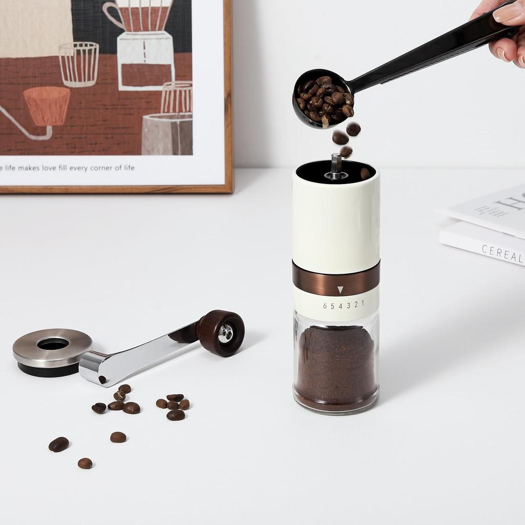 VKCHEF Coffee Mill, Hand Coffee Grinder with Ceramic Mortar, Coffee Bean Grinder, 6-Degree External Adjustment, Easy Cleaning, Washable, Compact,