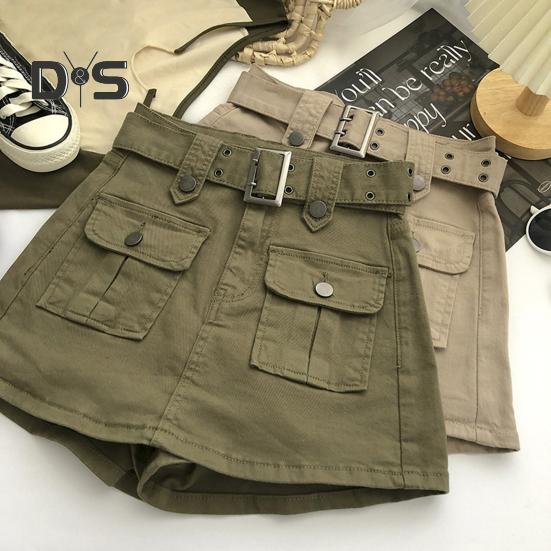 Женская юбка в корейском стиле с высокой талией, мини-юбка с поясом, короткая юбка-кюлот, уличная юбка-карго с большим карманом, шорты, консервативная, не подверженная воздействию, леди