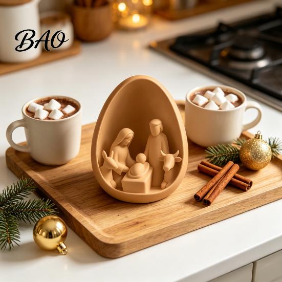 Durable PLA Plastic Sculpture 3D Printed Egg?Shaped Nativity Scene Figurine, Holy Family Manger Unique Christmas Table Centerpiece Decor, Minimalist