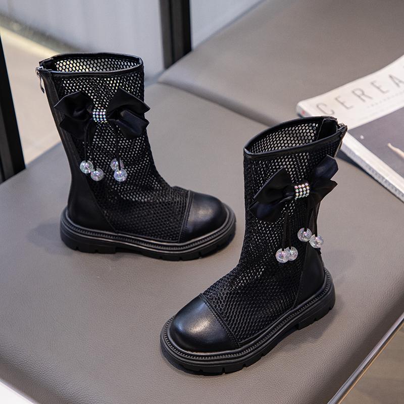 Летние сандалии для девочек, детские высокие сетчатые туфли с дышащими вырезами и подвеской в виде банта, милые детские гладиаторы для принцессы