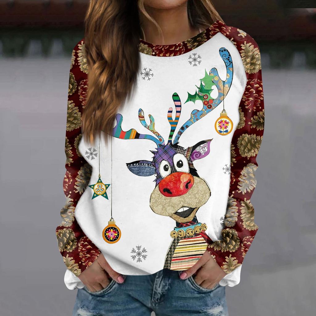 Женская модная повседневная толстовка с круглым вырезом и длинным рукавом с рождественским принтом и рукавом реглан